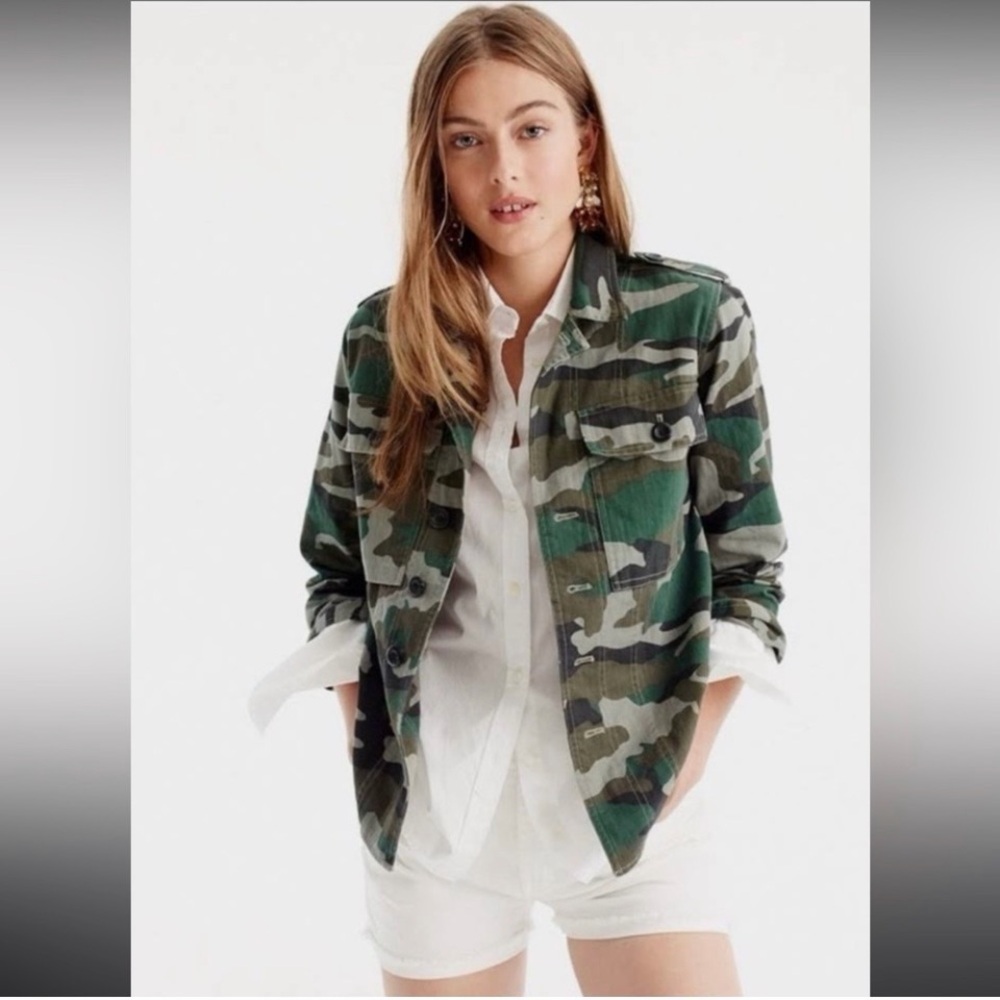 J. Crew Womens Green Camouflaged Collared Long Sleeve Coat Jacket Size XSP